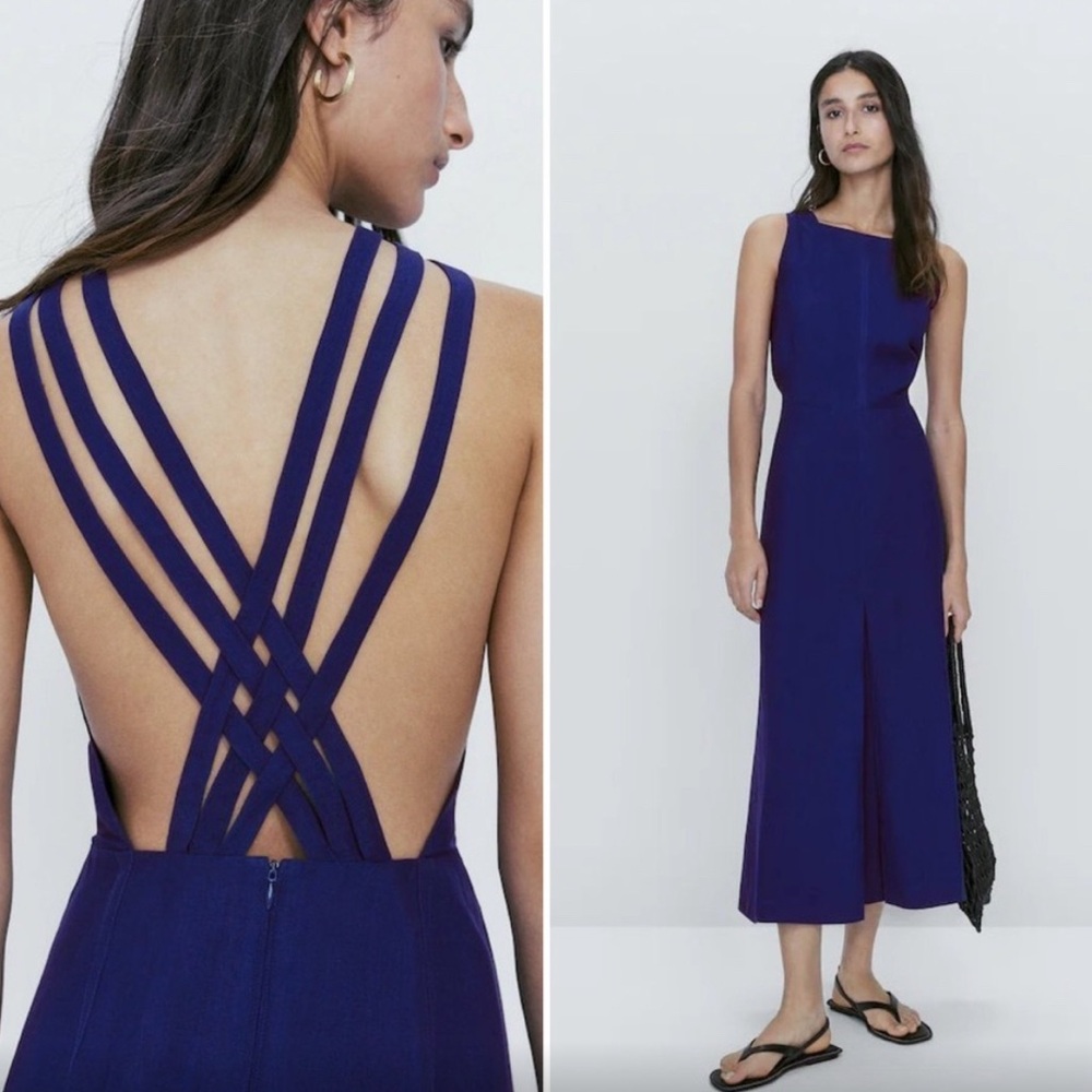 Massimo Dutti Linen Blend Open Back Midi Dress